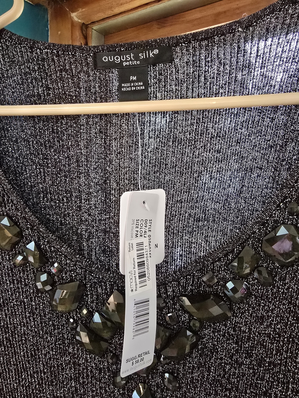 august silk metallic gunmetal jeweled neckline sweater